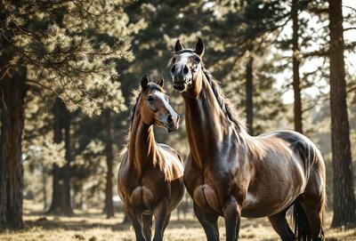 Primary subject: Two horses standing in a field.

Setting/background: The horses are standing in a grassy field with trees in the background.

Visual style: The image is a photo of the two horses.

Colors and mood: The image has a warm and natural color palette, with the horses' brown and black fur, the green grass, and the brown trees in the background. The mood of the image is serene and peaceful, as the horses stand together in the field.