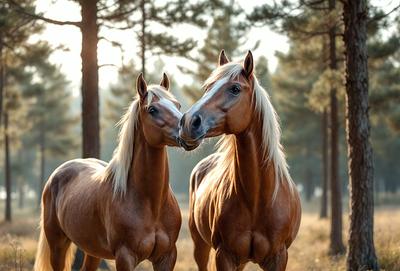 The primary subject of the image is two brown horses standing next to each other in a forest. They are positioned close to each other, with one horse's head resting on the other's neck. The setting is a forest with trees in the background, creating a serene and natural atmosphere. The visual style of the image is a photo, capturing the horses in their natural environment. The colors and mood of the image are warm and peaceful, with the brown horses and the forest creating a sense of harmony and tran
