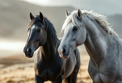 The primary subject of the image is a pair of horses standing in a field. They are positioned close to each other, with one horse on the left and the other on the right. The setting is a grassy field, providing a natural and open environment for the horses. The visual style of the image is a photo, capturing the horses in their natural habitat. The colors and mood of the image are predominantly earthy tones, creating a sense of tranquility and harmony with nature.