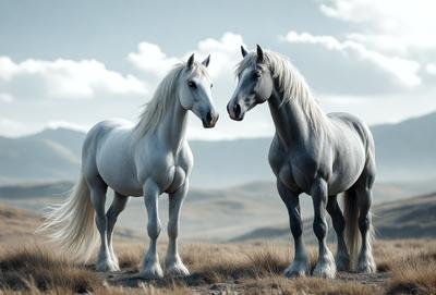 Primary subject: Two white horses standing next to each other.

Setting/background: A grassy field with mountains in the background.

Visual style: Digital art.

Colors and mood: The horses are white, and the overall atmosphere is calm and serene.