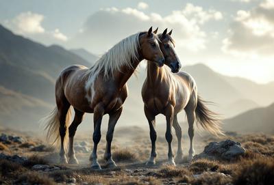 Primary subject: Two horses standing next to each other.

Setting/background: A mountainous landscape with a rocky terrain.

Visual style: A photo of the two horses.

Colors and mood: The image is in black and white, giving it a classic and timeless feel. The horses are the main focus, and their presence in the natural environment evokes a sense of serenity and connection with nature.