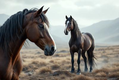 The primary subject of the image is a brown horse standing in a field. The setting is a grassy area with mountains in the background. The visual style is a photo, capturing the horse in its natural environment. The colors and mood of the image are earthy and serene, with the horse being the focal point of the scene.