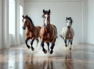 Primary subject: Three horses running in a white room.

Setting/background: The room is white, and the horses are running on a wooden floor.

Visual style: The image is a photo of the three horses in motion.

Colors and mood: The dominant colors are white and brown, and the overall atmosphere is energetic and dynamic.