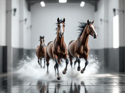 Primary subject: Three brown horses running in a white room.

Setting/background: The room is white, and the horses are running on a tiled floor.

Visual style: The image is a digital art or illustration of the three horses.

Colors and mood: The dominant colors are brown and white, creating a sense of motion and energy. The overall atmosphere is dynamic and energetic.