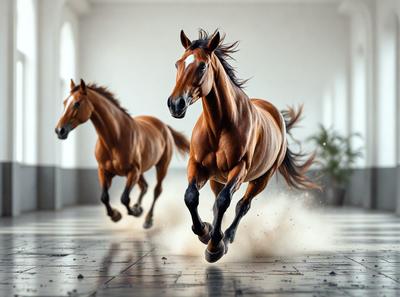 The primary subject of the image is a brown horse running in a large, open space. The setting appears to be a white room, which provides a stark contrast to the horse's color. The visual style of the image is a digital art or illustration, creating a dynamic and engaging scene. The dominant colors in the image are brown and white, with the horse's brown color standing out against the white background. The overall atmosphere of the image is energetic and captivating.