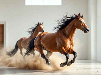 Primary subject: Two brown horses running in a building.

Setting/background: The horses are running in a building, possibly a barn or a large indoor space.

Visual style: The image is a photo of the two horses running in the building.

Colors and mood: The colors in the image are predominantly brown, and the overall atmosphere is energetic and dynamic, as the horses are in motion.
