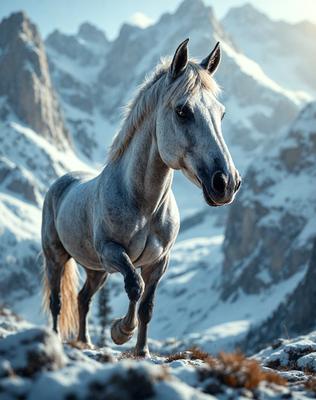 Primary subject: A white horse with a black nose.

Setting/background: A snowy mountain range.

Visual style: A photo of the horse in the snow.

Colors and mood: The image is in black and white, giving it a classic and timeless feel. The snowy mountain range adds a sense of serenity and beauty to the scene.