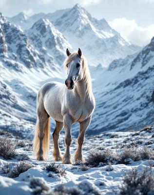 Primary subject: A white horse standing in a snowy mountain range.

Setting/background: The horse is standing in a snowy mountain range, with a mountain in the background.

Visual style: The image is a photo of the horse in the snowy mountain range.

Colors and mood: The image has a cold and serene atmosphere, with the white horse standing out against the snowy mountain backdrop.