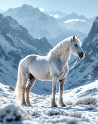 Primary subject: A white horse standing in the snow.

Setting/background: The horse is standing in a snowy mountain range, with a mountainous background.

Visual style: The image is a photo of the horse in the snow.

Colors and mood: The image has a cold and serene atmosphere, with the white horse standing out against the snowy background.