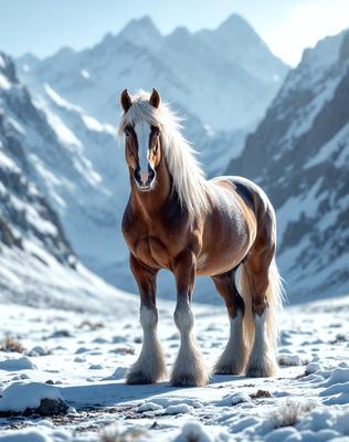 Primary subject: A brown horse with a white mane and tail, standing in a snowy mountain range.

Setting/background: The horse is standing in a snowy mountain range, with a mountainous background and a snow-covered landscape.

Visual style: The image is a photo of the horse in the snowy mountain range.

Colors and mood: The dominant colors are white, brown, and shades of gray, creating a cold and serene atmosphere.
