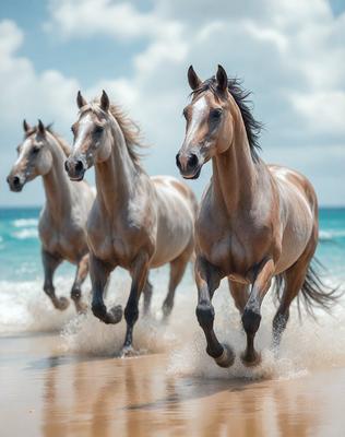 The primary subject of the image is a group of four horses running along a beach. The setting is a sandy beach with the ocean in the background. The visual style is a photo, capturing the horses in motion. The colors and mood of the image are predominantly warm and vibrant, with the horses' coats and the beach's natural hues creating a lively atmosphere.