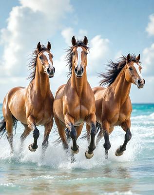The primary subject of the image is a group of four horses running through the ocean. They are all brown and appear to be enjoying their time in the water. The setting is the ocean, with waves surrounding the horses. The visual style is a photo, capturing the horses in their natural environment. The colors and mood of the image are vibrant and energetic, as the horses run through the water.