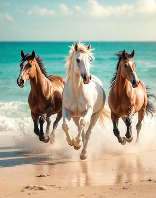 The primary subject of the image is a group of three horses running on a beach. The setting is a sandy beach with the ocean in the background. The visual style is a photo, capturing the horses in motion. The colors and mood of the image are vibrant and energetic, as the horses are running and enjoying their time on the beach.