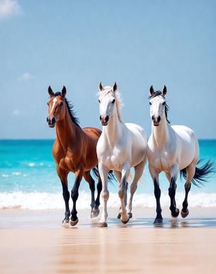 The primary subject of the image is a group of three horses walking along a beach. The setting is a beautiful beach with a clear blue sky in the background. The visual style of the image is a photo, capturing the horses in their natural environment. The colors and mood of the image are predominantly blue and serene, as the horses walk along the shoreline.