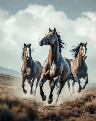 Primary subject: Three horses running in a field.

Setting/background: A grassy field with a mountain in the background.

Visual style: A photo of the horses running.

Colors and mood: The image is in black and white, giving it a classic and timeless feel. The horses are running with their heads down, creating a sense of motion and energy.
