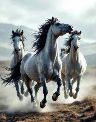 Primary subject: A group of three horses running together in a field.

Setting/background: The horses are running in a field with mountains in the background.

Visual style: The image is a photo of the horses in motion.

Colors and mood: The image has a sepia tone, giving it a warm and nostalgic atmosphere.