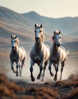Primary subject: Three horses running in a field.

Setting/background: A grassy field with mountains in the background.

Visual style: A photo of the horses running.

Colors and mood: The image is in black and white, giving it a classic and timeless feel. The horses are running freely, creating a sense of energy and freedom.