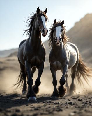 The primary subject of the image is a pair of horses, with one horse on the left and the other on the right. They are standing in a dirt field, which serves as the setting for the scene. The visual style of the image is a photo, capturing the horses in their natural environment. The colors in the image are predominantly earth tones, creating a natural and serene atmosphere.