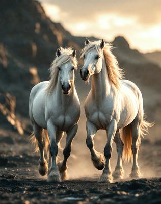 Primary subject: Two white horses running together.

Setting/background: A rocky hillside with a sunset in the background.

Visual style: A photo of the two horses running.

Colors and mood: The image is in black and white, giving it a classic and timeless feel. The horses' white coats contrast with the rocky hillside and the warm hues of the sunset, creating a sense of freedom and adventure.