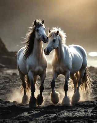 The primary subject of the image is two horses standing next to each other on a beach. The setting is a sandy beach with a rocky outcrop in the background. The visual style is a photo, capturing the horses in their natural environment. The colors and mood of the image are warm and serene, with the sunlight creating a peaceful atmosphere.