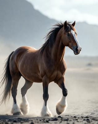 The primary subject of the image is a brown horse with a white face, standing in a dusty field. The horse appears to be walking or running, with its head held high. The setting is a desert-like environment, with a sandy surface and a hazy sky in the background. The visual style of the image is a photo, capturing the horse in its natural habitat. The colors in the image are predominantly brown and white, with a dusty, earthy tone to the scene. The overall atmosphere of the image