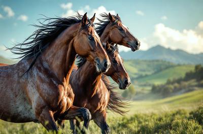 Primary subject: Three brown horses running in a field.

Setting/background: The horses are running in a grassy field with mountains in the background.

Visual style: The image is a photo of the three horses in action.

Colors and mood: The image is in black and white, giving it a classic and timeless feel. The horses' brown coats contrast with the green grass and the blue sky, creating a sense of movement and energy.