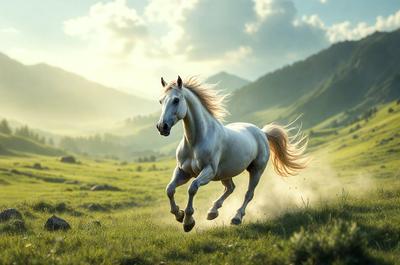 Primary subject: A white horse running in a grassy field.

Setting/background: The horse is running in a grassy field with mountains in the background.

Visual style: The image is a photo of the horse in motion.

Colors and mood: The image has a vibrant and lively atmosphere, with the white horse standing out against the green grass and the mountainous background.