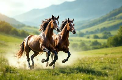 The primary subject of the image is two brown horses running through a grassy field. The setting is a lush green hillside, providing a beautiful backdrop for the scene. The visual style of the image is a photo, capturing the horses in motion. The colors and mood of the image are warm and vibrant, with the horses' brown coats contrasting against the green grass and hillside.