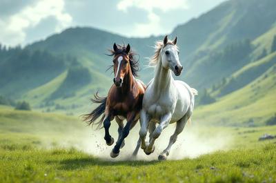 Primary subject: Two horses running in a grassy field.

Setting/background: The horses are running in a grassy field with mountains in the background.

Visual style: The image is a photo of the two horses running in the field.

Colors and mood: The image has a vibrant and lively atmosphere, with the green grass and the blue sky creating a sense of freedom and energy.