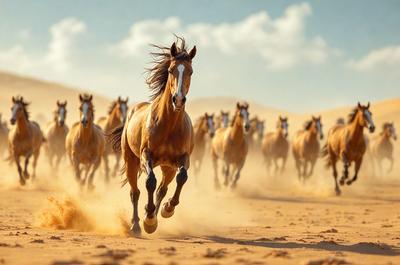 Primary subject: A brown horse running in a desert.

Setting/background: The horse is running on a sandy surface, with a desert-like environment in the background.

Visual style: The image is a photo of the horse running in the desert.

Colors and mood: The dominant colors are brown and beige, with a warm and arid atmosphere.