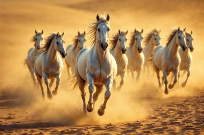 Primary subject: A group of white horses running on a sandy surface.

Setting/background: The horses are running in a desert-like environment, with sand and a dirt surface visible.

Visual style: The image is a photo of the horses running in the desert.

Colors and mood: The dominant colors in the image are white and brown, with a warm and dusty atmosphere.
