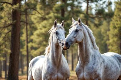Primary subject: Two horses standing next to each other.

Setting/background: The horses are standing in a forest, surrounded by trees.

Visual style: The image is a photo of the two horses.

Colors and mood: The horses are white, and the overall atmosphere is calm and serene.