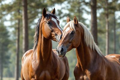The primary subject of the image is two brown horses standing next to each other in a field. They are positioned close to each other, with one horse's head resting on the other's neck. The setting is a natural environment, with trees in the background. The visual style is a photo, capturing the horses in their natural habitat. The colors and mood of the image are warm and serene, with the horses appearing calm and content in their surroundings.