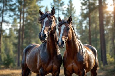 The primary subject of the image is two brown horses standing next to each other in a forest. They are positioned close to each other, with one horse on the left and the other on the right. The setting is a forest with trees in the background, creating a natural and serene atmosphere. The visual style of the image is a photo, capturing the horses in their natural environment. The colors and mood of the image are predominantly brown and earthy, reflecting the natural surroundings of the forest.