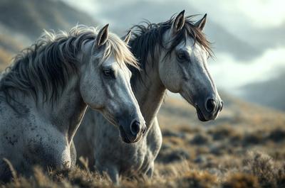The primary subject of the image is two horses standing in a grassy field. The setting is a mountainous area, with a backdrop of mountains and a sky visible in the background. The visual style of the image is a photo, capturing the horses in their natural environment. The colors in the image are predominantly shades of brown and green, creating a calm and serene atmosphere.
