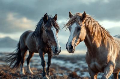 The primary subject of the image is two horses standing next to each other in a field. They are facing each other, with their noses close together. The setting is a grassy field, and the visual style appears to be a photo. The colors in the image are predominantly shades of brown and gray, creating a calm and natural atmosphere.