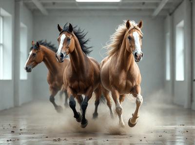 Primary subject: Three horses running in a building.

Setting/background: The horses are running in a large, open building with a concrete floor.

Visual style: The image is a photo of the horses in motion.

Colors and mood: The colors in the image are predominantly brown and white, with a sense of motion and energy.