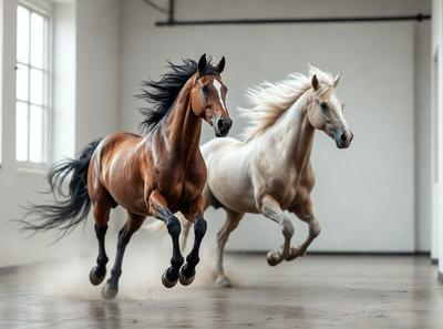Primary subject: Two horses running in a room.

Setting/background: The room appears to be a large, open space with a white wall.

Visual style: The image is a photo of the two horses in motion.

Colors and mood: The colors in the image are predominantly white and brown, with the horses' coats being brown and white. The overall atmosphere is energetic and dynamic, as the horses are running and interacting with each other.