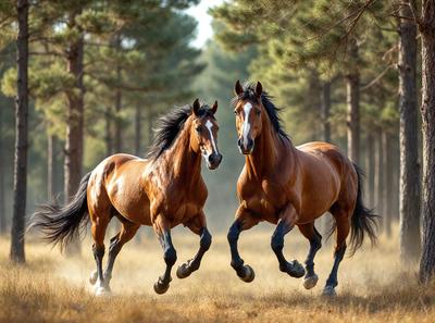 Primary subject: Two brown horses running in a field.

Setting/background: The horses are running in a grassy field with trees in the background.

Visual style: The image is a photo of the two horses in action.

Colors and mood: The image has a warm and lively atmosphere, with the brown horses and the green grass creating a sense of energy and movement.