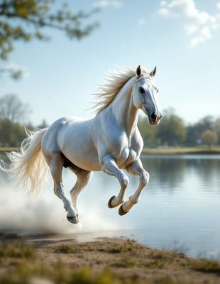 Primary subject: A white horse with a flowing mane, jumping in the air.

Setting/background: The horse is jumping over a body of water, with trees in the background.

Visual style: The image is a photo of the horse in action.

Colors and mood: The image is in black and white, giving it a classic and timeless feel. The white horse and the contrasting black and white colors create a sense of elegance and grace.