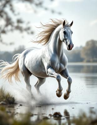 Primary subject: A white horse running through a field.

Setting/background: The horse is running through a field with trees in the background.

Visual style: The image is a digital artwork.

Colors and mood: The image has a vibrant and lively atmosphere, with the white horse as the main focus.