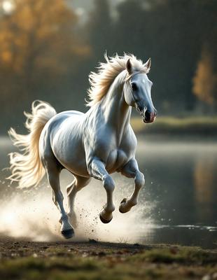 Primary subject: A white horse running through a field.

Setting/background: The horse is running through a field with trees in the background.

Visual style: The image is a photo of the horse in motion.

Colors and mood: The image has a warm and natural color palette, with the white horse standing out against the field and trees.