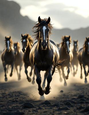Primary subject: A brown horse with a white face running on a dirt road.

Setting/background: The horse is running on a dirt road, with a mountainous background.

Visual style: The image is a photo of the horse in motion.

Colors and mood: The dominant colors are brown and white, with a dusty and dynamic atmosphere.