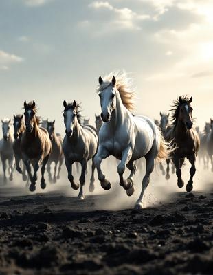 Primary subject: A group of white horses running in a field.

Setting/background: The horses are running in a field with a black background.

Visual style: The image is a photo of the horses running.

Colors and mood: The dominant colors are white and black, creating a dramatic and dynamic mood.