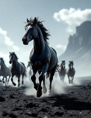 Primary subject: A horse running in a field.

Setting/background: The horse is running on a dirt field, with a mountain in the background.

Visual style: The image is a digital art or illustration of the horse running.

Colors and mood: The image has a black and white color scheme, giving it a dramatic and dynamic feel.