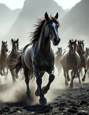 Primary subject: A horse running in a dusty field.

Setting/background: The horse is running in a dusty field, with a mountain in the background.

Visual style: The image is a photo of the horse running in the field.

Colors and mood: The image has a sepia tone, giving it a warm and nostalgic atmosphere.