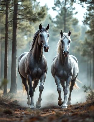 Primary subject: Two horses running through a forest.

Setting/background: The forest is filled with trees, creating a natural and serene environment.

Visual style: The image is a photo of the two horses running through the forest.

Colors and mood: The colors in the image are predominantly shades of brown, green, and white, creating a sense of tranquility and harmony with nature.