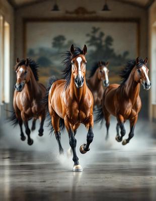 Primary subject: Horses
Setting/background: A large room with a painting on the wall
Visual style: Photo
Colors and mood: The horses are brown and white, and the mood is energetic and dynamic as they run through the room.