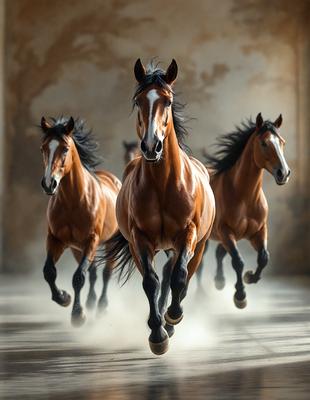 Primary subject: Three brown horses running in a row.

Setting/background: A stone wall is visible in the background.

Visual style: The image is a photo of the horses running.

Colors and mood: The horses are brown, and the overall atmosphere is energetic and dynamic.