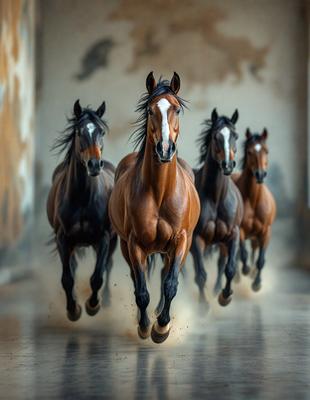 Primary subject: Horses
Setting/background: A hallway or a corridor
Visual style: Photo
Colors and mood: The horses are brown and black, and the overall atmosphere is dynamic and energetic, as the horses are running or galloping.